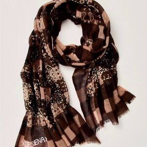Free People hand embroidered De Sienna Brown and Tan Gingham Patterned Scarf